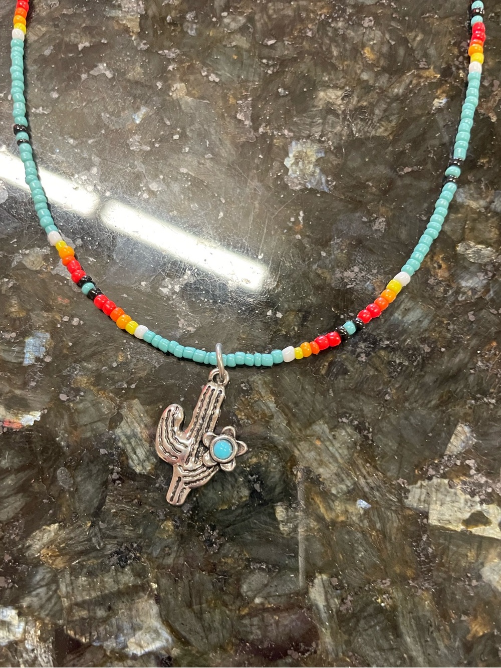 Turquoise Beaded Necklace with Silver Cactus Charm - Colorful Seed Beads
